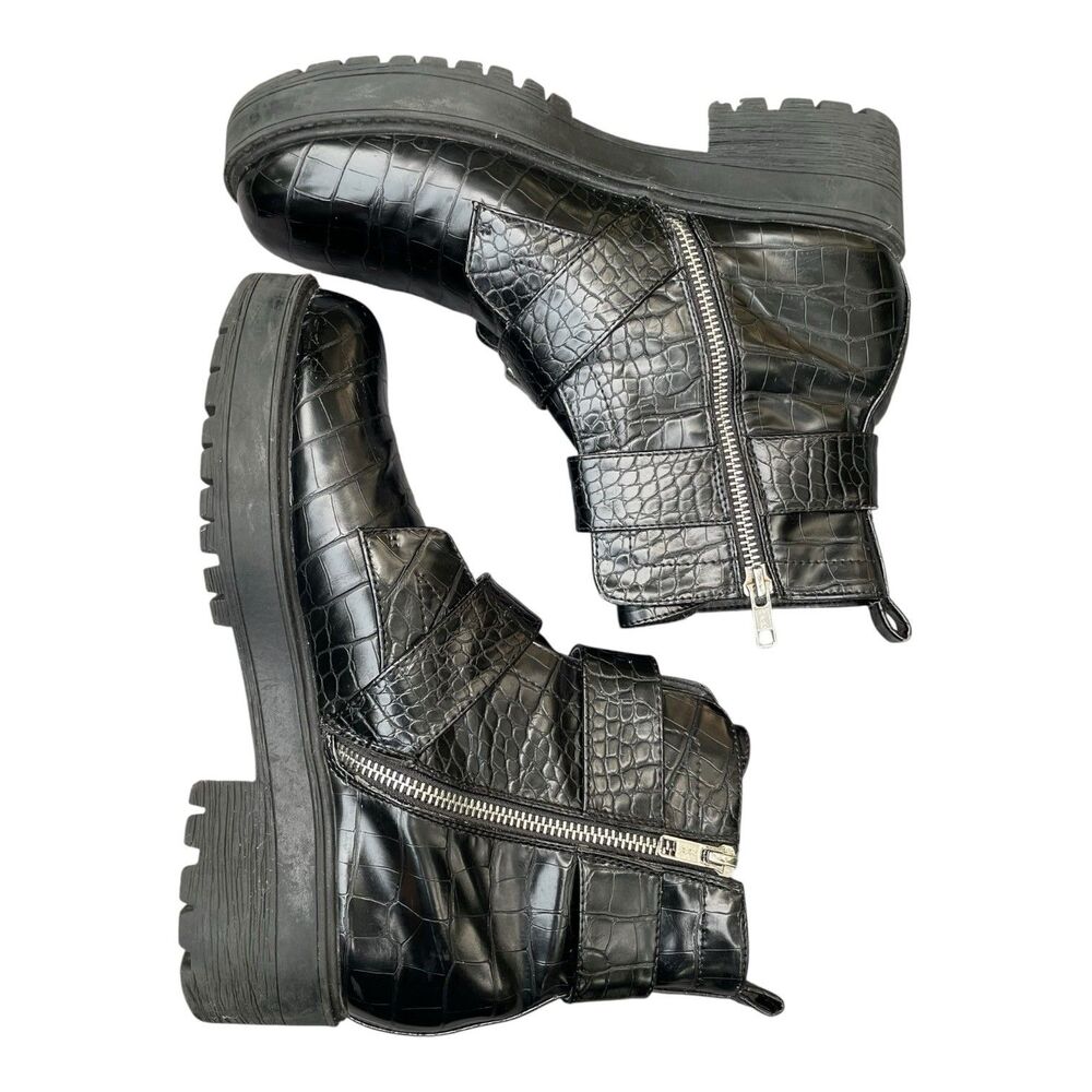 Chunky Moto Goth Punk Rock Aldo Black Patent Mock Croc Combat Boots Size 8.5 - Picture 5 of 16